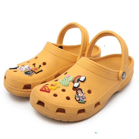 CROCS Clogs & Charms Mustard Yellow Gardening Outdoors Casual Hello Kitty Pooh - Picture 2 of 12